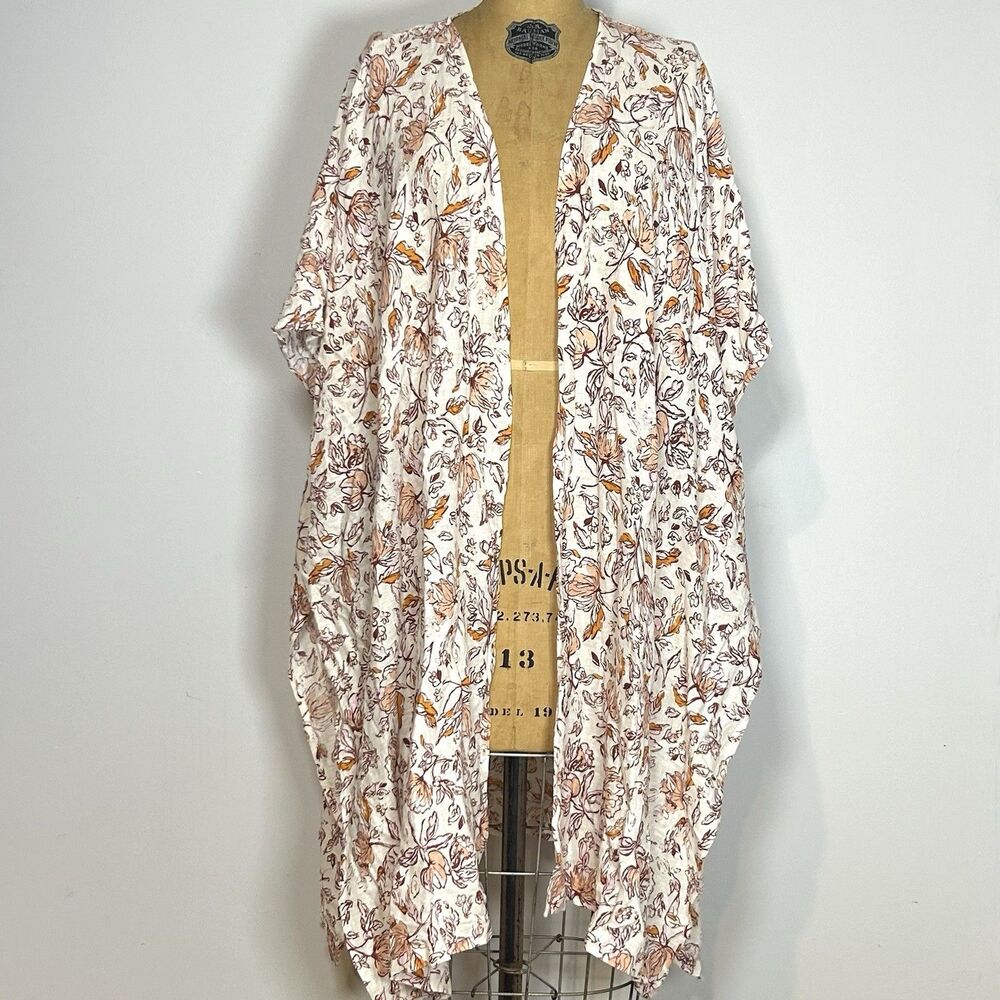 Haute Hippie Style Floral Kimono One Size Linen Blend Boho Open Front Duster